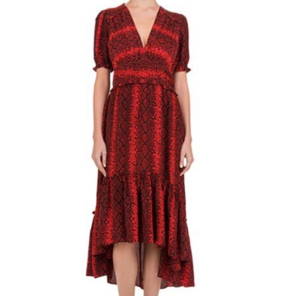 The Kooples Red Hot Snake Print Short-Sleeve Midi Dress